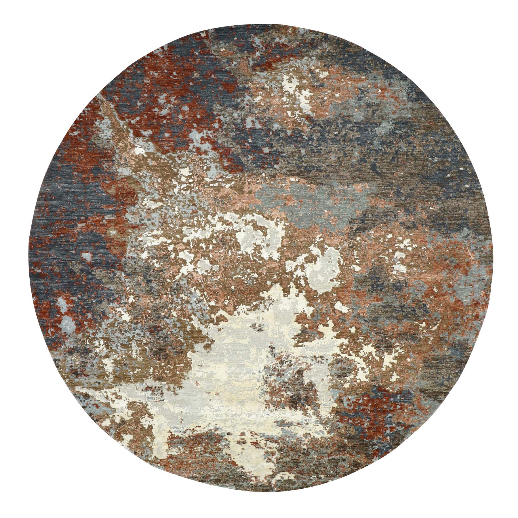 Brown with Gray, Hand Knotted, Persian Knot, Abstract with Galaxy Design, 100% Wool, Densely Woven, Round, Oriental Rug
